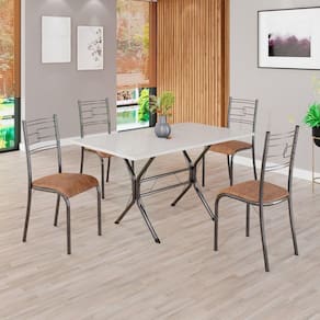 Conjunto Sala de Jantar Mesa Retangular 120x75cm Tampo Madeira Mdp Off White 4 Cadeiras Paraty C. Marrom / Mart Prata