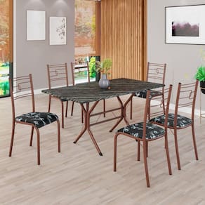 Conjunto Sala de Jantar Mesa Retangular 140x75cm Tampo Madeira Mdp Ardósia Indiana 6 Cadeiras Paraty Preto Floral / Marrom
