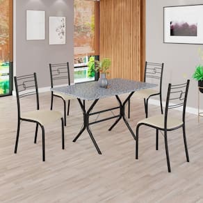 Conjunto Sala de Jantar Mesa Retangular 100x60cm Tampo Granito Ocre 4 Cadeiras Paraty Creme / Preto Fosco