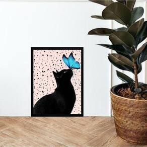 Quadro Gato Com Borboleta Azul 33X24Cm - Com Vidro