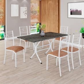 Conjunto Sala de Jantar Mesa Retangular 140x75cm Tampo Pedra Ardósia Indiana 6 Cadeiras Paraty C. Marrom / Branco