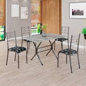 Conjunto Sala de Jantar Mesa Retangular 100x60cm Tampo Granito Topázio 4 Cadeiras Paraty Preto Floral / Mart Prata