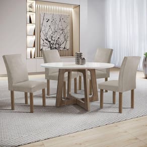 Conjunto Mesa Arizona 120cm com 4 Cadeiras Canela Tampo Redondo Plus com Vidro Chocolate/Off White/Bege Claro