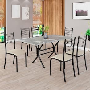 Conjunto Sala de Jantar Mesa Retangular 140x75cm Tampo Granito Topázio 6 Cadeiras Paraty Creme / Preto Fosco