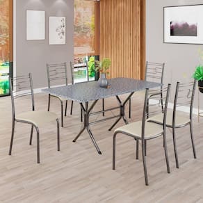 Conjunto Sala de Jantar Mesa Retangular 140x75cm Tampo Granito Ocre 6 Cadeiras Paraty Creme / Mart Prata