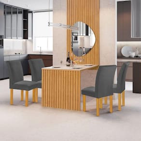 Conjunto Mesa Bella Ripada 120cm com Painel Espelhado Tampo Bella com Vidro 4 Cadeiras Canela Cinamomo/Off White/Veludo Cinza