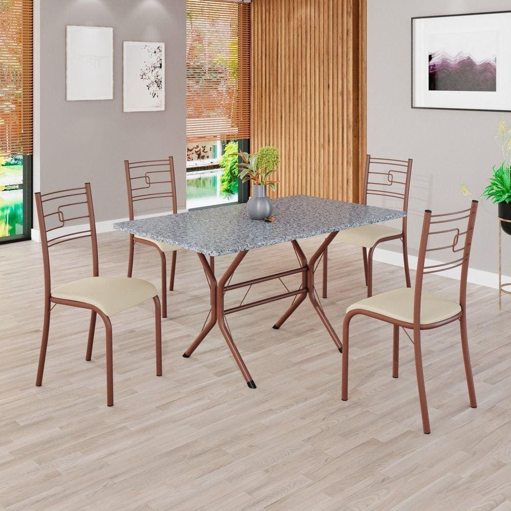 Conjunto Sala de Jantar Mesa Retangular 120x75cm Tampo Granito Ocre 4 Cadeiras Paraty Creme / Marrom