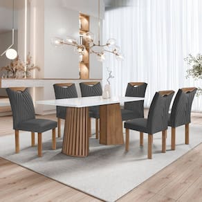 Conjunto Mesa Stella Ripada 170cm com 6 Cadeiras Stella Tampo Smart Plus com Vidro Chocolate/Off White/Boucle Cinza