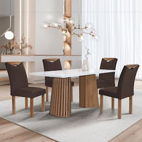 Conjunto Mesa Stella Ripada 120cm com 4 Cadeiras Stella Tampo Smart Plus com Vidro Chocolate/Off White/Veludo Marrom