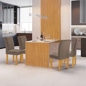 Conjunto Mesa Bella Ripada 120cm com 4 Cadeiras Canela Tampo Bella com Vidro Cinamomo/Off White/Veludo Bege Escuro