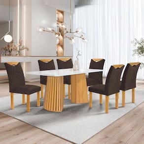 Conjunto Mesa Stella Ripada 170cm com 6 Cadeiras Stella Tampo Smart Plus com Vidro Cinamomo/Off White/Veludo Marrom