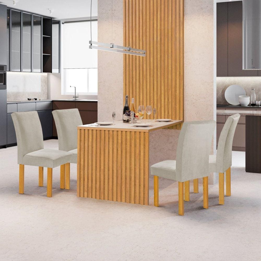 Conjunto Mesa Bella Ripada 120cm com 4 Cadeiras Canela Tampo Bella com Vidro Cinamomo/Off White/Veludo Bege Claro