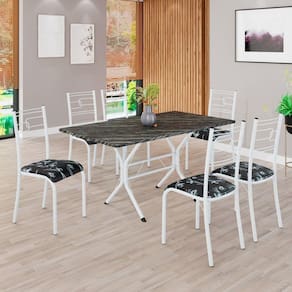 Conjunto Sala de Jantar Mesa Retangular 140x75cm Tampo Pedra Ardósia Indiana 6 Cadeiras Paraty Preto Floral / Branco