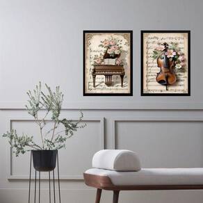 Kit 2 Quadros Vintage Piano E Violino - Flores 24X18Cm Vidro
