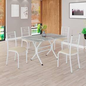 Conjunto Sala de Jantar Mesa Retangular 100x60cm Tampo Granito Topázio 4 Cadeiras Paraty Creme / Branco