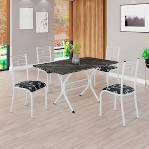 Conjunto Sala de Jantar Mesa Retangular 120x75cm Tampo Pedra Ardósia Indiana 4 Cadeiras Paraty Preto Floral / Branco