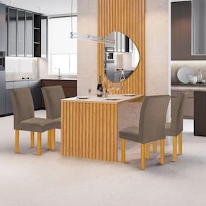 Conjunto Mesa Bella Ripada 120cm com Painel Espelhado Tampo Bella com Vidro 4 Cadeiras Canela Cinamomo/Off White/Veludo Bege Escuro