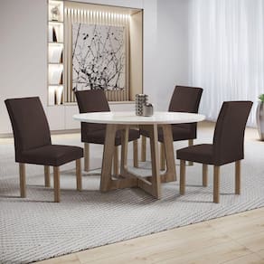 Conjunto Mesa Arizona 120cm com 4 Cadeiras Canela Tampo Redondo Plus com Vidro Chocolate/Off White/Marrom