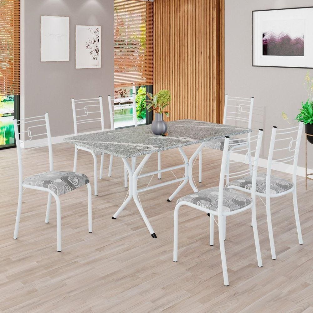 Conjunto Sala de Jantar Mesa Retangular 140x75cm Tampo Granito Topázio 6 Cadeiras Paraty Paraopeba / Branco