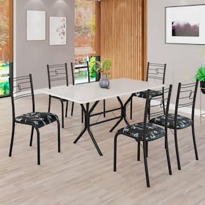 Conjunto Sala de Jantar Mesa Retangular 140x75cm Tampo Madeira Mdp Off White 6 Cadeiras Paraty Preto Floral / Preto Fosco
