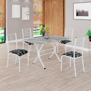 Conjunto Sala de Jantar Mesa Retangular 100x60cm Tampo Granito Topázio 4 Cadeiras Paraty Preto Floral / Branco