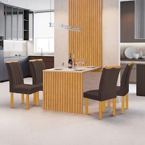 Conjunto Mesa Bella Ripada 120cm com 4 Cadeiras Arizona Tampo Bella com Vidro Cinamomo/Off White/Veludo Marrom