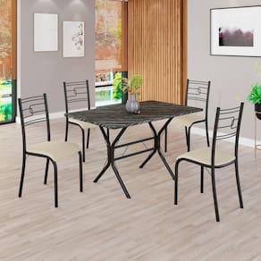 Conjunto Sala de Jantar Mesa Retangular 100x60cm Tampo Madeira Mdp Ardósia Indiana 4 Cadeiras Paraty Creme / Preto Fosco