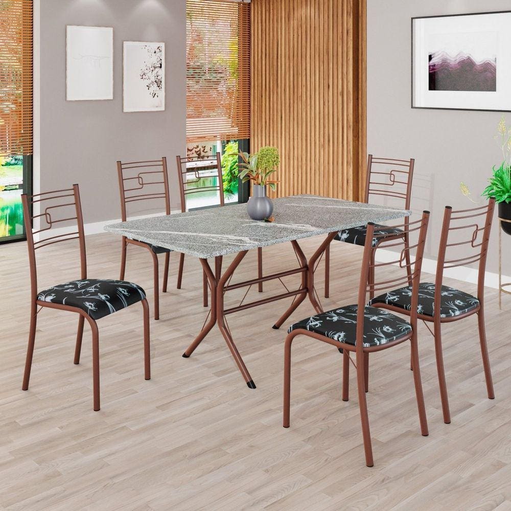 Conjunto Sala de Jantar Mesa Retangular 140x75cm Tampo Granito Topázio 6 Cadeiras Paraty Preto Floral / Marrom