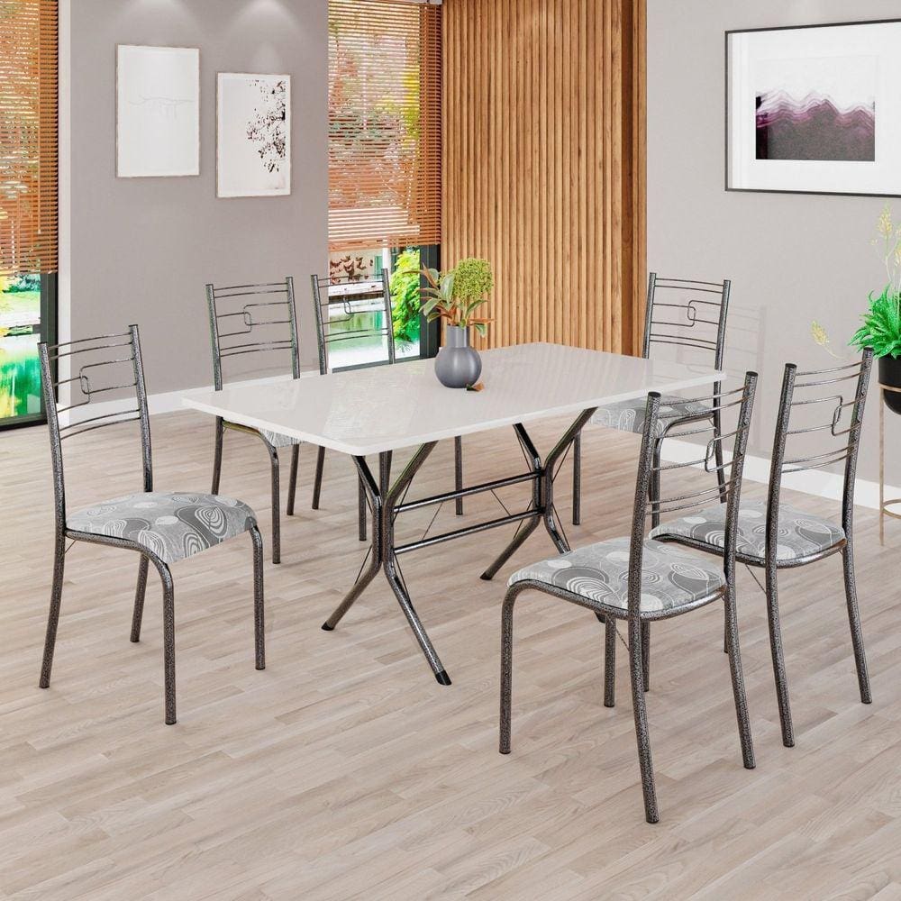Conjunto Sala de Jantar Mesa Retangular 140x75cm Tampo Madeira Mdp Off White 6 Cadeiras Paraty Paraopeba / Mart Prata