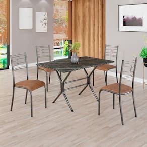 Conjunto Sala de Jantar Mesa Retangular 100x60cm Tampo Madeira Mdp Ardósia Indiana 4 Cadeiras Paraty C. Marrom / Mart Prata