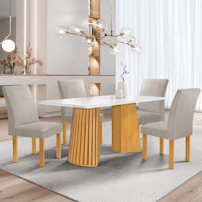 Conjunto Mesa Stella Ripada 120cm com 4 Cadeiras Canela Tampo Smart Plus com Vidro Cinamomo/Off White/Veludo Bege Claro