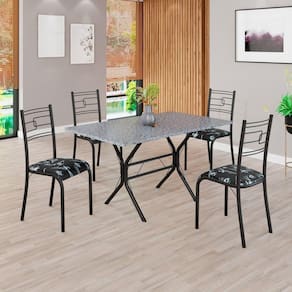 Conjunto Sala de Jantar Mesa Retangular 120x75cm Tampo Granito Ocre 4 Cadeiras Paraty Preto Floral / Preto Fosco