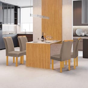 Conjunto Mesa Bella Ripada 120cm com 4 Cadeiras Arizona Tampo Bella com Vidro Cinamomo/Off White/Veludo Bege Escuro