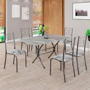 Conjunto Sala de Jantar Mesa Retangular 140x75cm Tampo Granito Topázio 6 Cadeiras Paraty Paraopeba / Mart Prata