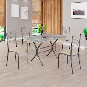 Conjunto Sala de Jantar Mesa Retangular 100x60cm Tampo Granito Topázio 4 Cadeiras Paraty Creme / Mart Prata
