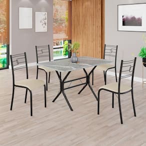 Conjunto Sala de Jantar Mesa Retangular 100x60cm Tampo Granito Topázio 4 Cadeiras Paraty Creme / Preto Fosco