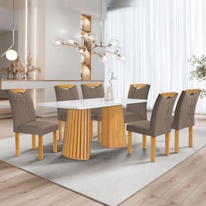 Conjunto Mesa Stella Ripada 170cm com 6 Cadeiras Stella Tampo Smart Plus com Vidro Cinamomo/Off White/Veludo Bege Escuro