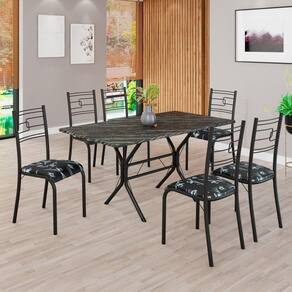 Conjunto Sala de Jantar Mesa Retangular 140x75cm Tampo Pedra Ardósia Indiana 6 Cadeiras Paraty Preto Floral / Preto Fosco