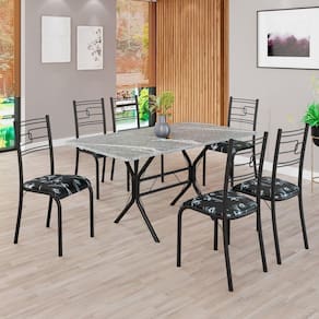 Conjunto Sala de Jantar Mesa Retangular 140x75cm Tampo Granito Topázio 6 Cadeiras Paraty Preto Floral / Preto Fosco
