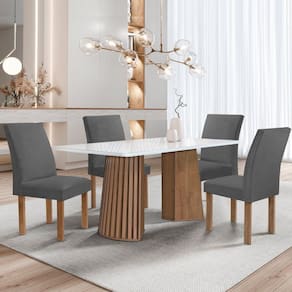 Conjunto Mesa Stella Ripada 120cm com 4 Cadeiras Canela Tampo Smart Plus com Vidro Chocolate/Off White/Veludo Cinza