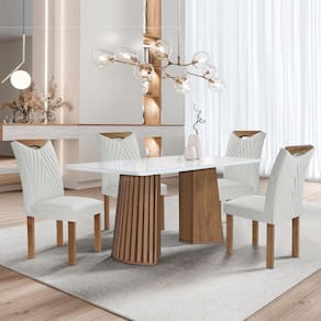 Conjunto Mesa Stella Ripada 120cm com 4 Cadeiras Stella Tampo Smart Plus com Vidro Chocolate/Off White/Boucle Gelo