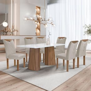 Conjunto Mesa Stella Ripada 170cm com 6 Cadeiras Stella Tampo Smart Plus com Vidro Chocolate/Off White/Veludo Bege Claro