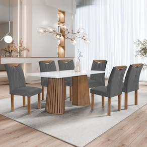 Conjunto Mesa Stella Ripada 170cm com 6 Cadeiras Stella Tampo Smart Plus com Vidro Chocolate/Off White/Veludo Cinza