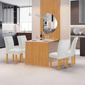 Conjunto Mesa Bella Ripada 120cm com Painel Espelhado Tampo Bella com Vidro 4 Cadeiras Canela Cinamomo/Off White/Boucle Gelo