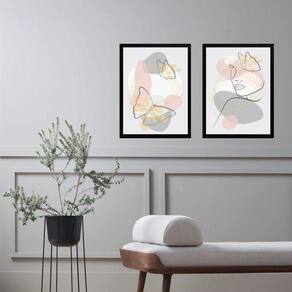 Kit 2 Quadros Borboletas Abstratas Rosa E Cinza 45X34Cm