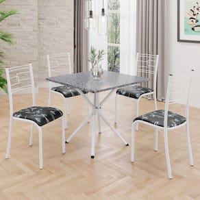 Conjunto Sala de Jantar Mesa Quadrada 70x70cm Tampo Granito Ocre 4 Cadeiras Paraty Preto Floral / Branco