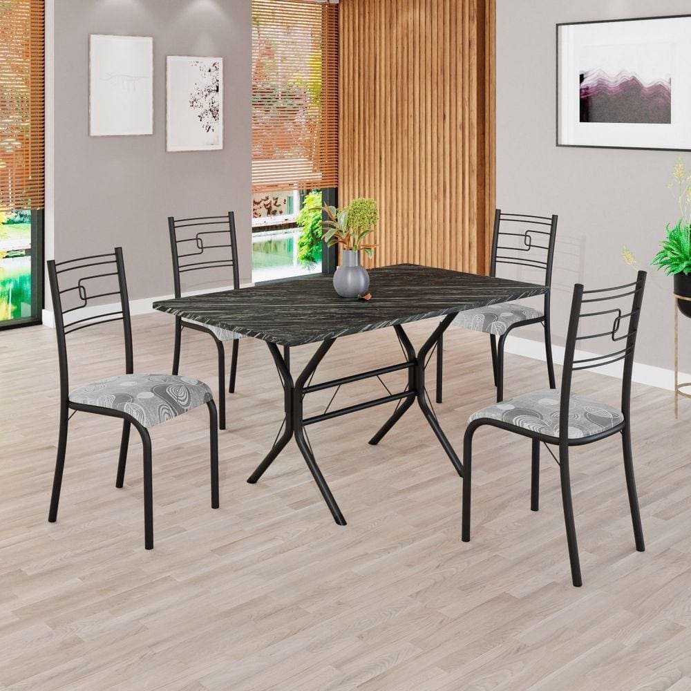 Conjunto Sala de Jantar Mesa Retangular 120x75cm Tampo Madeira Mdp Ardósia Indiana 4 Cadeiras Paraty Paraopeba/ Preto Fosco