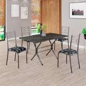 Conjunto Sala de Jantar Mesa Retangular 120x75cm Tampo Madeira Mdp Ardósia Indiana 4 Cadeiras Paraty Preto Floral / Mart Prata
