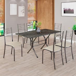 Conjunto Sala de Jantar Mesa Retangular 140x75cm Tampo Madeira Mdp Ardósia Indiana 6 Cadeiras Paraty Creme / Mart Prata
