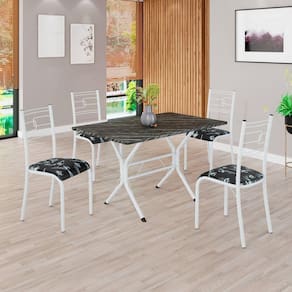 Conjunto Sala de Jantar Mesa Retangular 100x60cm Tampo Madeira Mdp Ardósia Indiana 4 Cadeiras Paraty Preto Floral / Branco